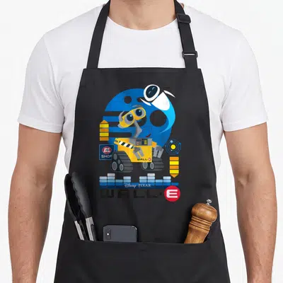 Eve e.a apron - WALL-E robot and floating companion with blue background and equalizer bars — shown on a black cotton canvas apron against a white background