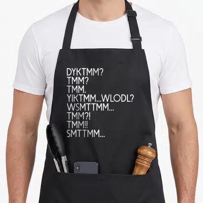 Funny dyktmm muffin man apron - Eight lines of white text including DYKTMM and TMM abbreviations stacked vertically — shown on a black cotton canvas apron against a white background