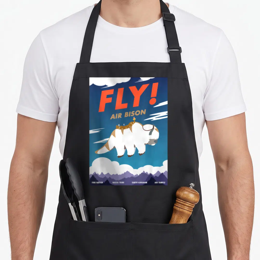Bison airline apron - Retro poster of Appa flying with FLY! AIR BISON text and four location names below — shown on a black cotton canvas apron against a white background