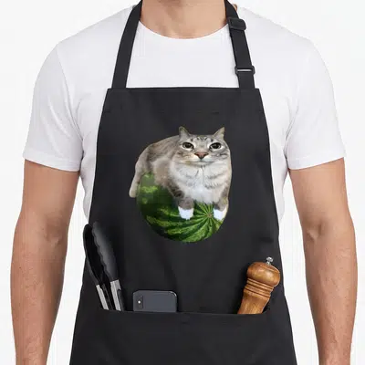 Cat watermelon apron - Grey tabby cat sitting on a green striped watermelon in a photo style — shown on a black cotton canvas apron against a white background