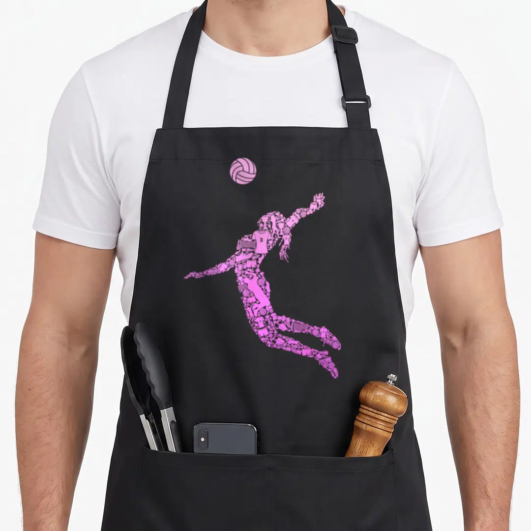 Player girls volleyball apron - Pink silhouette of a jumping volleyball player composed of tiny sports icons — shown on a black cotton canvas apron against a white background