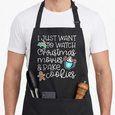 Movy women's christmas aprons - Stacked white text I JUST WANT TO WATCH Christmas movies & BAKE cookies with holly — shown on a black cotton canvas apron against a white background