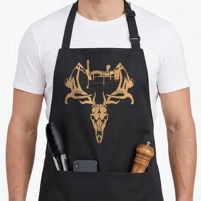Deer bow apron - Tan deer skull with compound bow overlaid on antlers in minimalist style — shown on a black cotton canvas apron against a white background