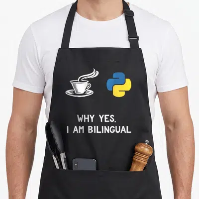 Python programming apron - White coffee cup and blue yellow python logo with bilingual text — shown on a black cotton canvas apron against a white background