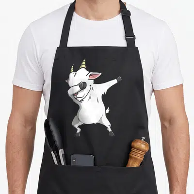 Dabbing goat apron - Cartoon white goat dabbing with grey shading and yellow horns — shown on a black cotton canvas apron against a white background