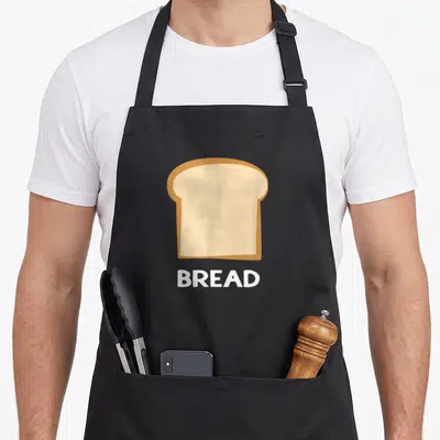 Slice bread apron - Single beige bread slice with brown crust above white BREAD text — shown on a black cotton canvas apron against a white background