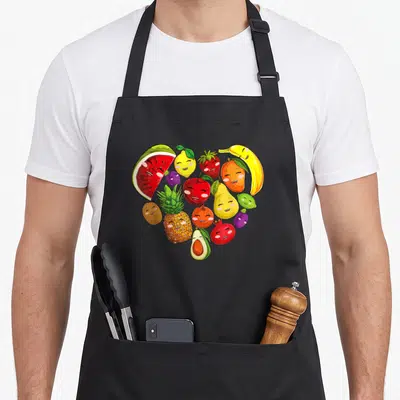 Collage vegetable apron - Heart shape formed by smiling cartoon fruits in red yellow green orange purple — shown on a black cotton canvas apron against a white background