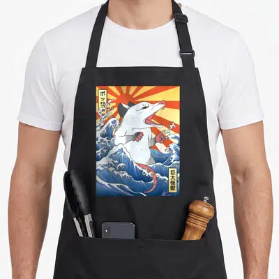 Japanese opossum apron - White opossum rising from blue waves under red sunburst with vertical Japanese text boxes — shown on a black cotton canvas apron against a white background
