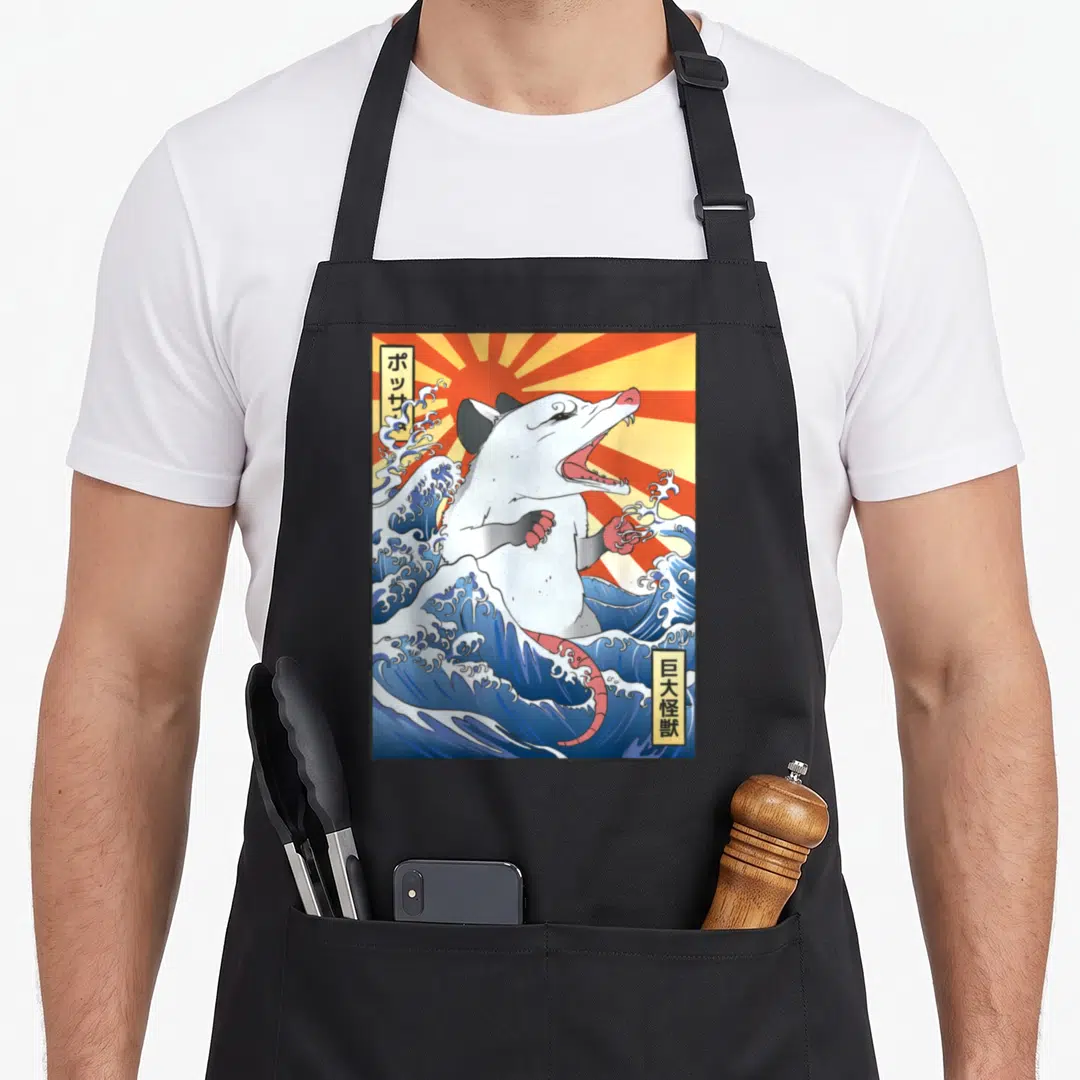 Japanese opossum apron - White opossum rising from blue waves under red sunburst with vertical Japanese text boxes — shown on a black cotton canvas apron against a white background