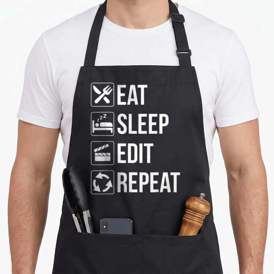 Eat editor wife apron - Four white words EAT SLEEP EDIT REPEAT with cutlery bed clapperboard and arrow icons — shown on a black cotton canvas apron against a white background
