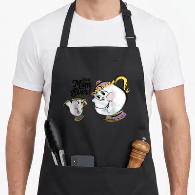 Chip mrs potts apron - Mrs Potts teapot and Chip cup with Best Mom Ever text in cartoon style — shown on a black cotton canvas apron against a white background