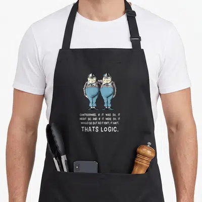 Tweedle alice wonderland apron - Two identical men in blue overalls above Contrariwise logic quote text — shown on a black cotton canvas apron against a white background