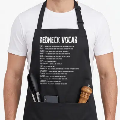 Redneck southern aprons - White stacked text listing redneck slang definitions like far, bard, ranch, and munts — shown on a black cotton canvas apron against a white background