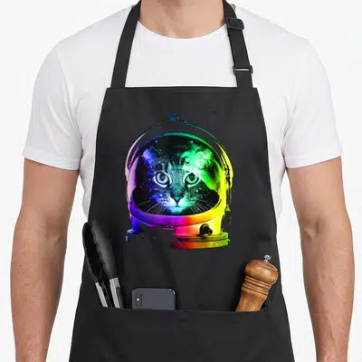 Funny astronaut space cat apron - Realistic cat face inside rainbow colored astronaut helmet visor — shown on a black cotton canvas apron against a white background