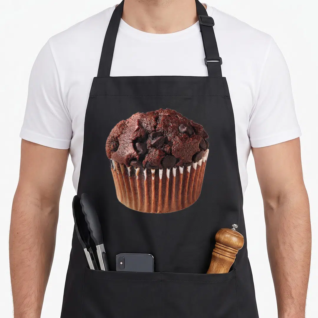Chocolate muffin man apron - Photo print of a chocolate muffin with chips in brown tones — shown on a black cotton canvas apron against a white background
