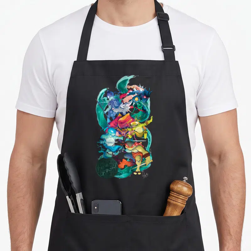Stock white lily apron - Four turtles stacked vertically in teal blue red and yellow energy swirls with green emblem — shown on a black cotton canvas apron against a white background