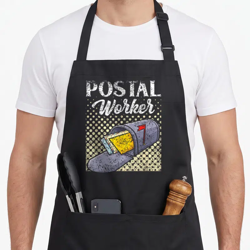 Mailman mail postal aprons - Blue mailbox with yellow envelopes and red flag under POSTAL Worker text on halftone dots — shown on a black cotton canvas apron against a white background
