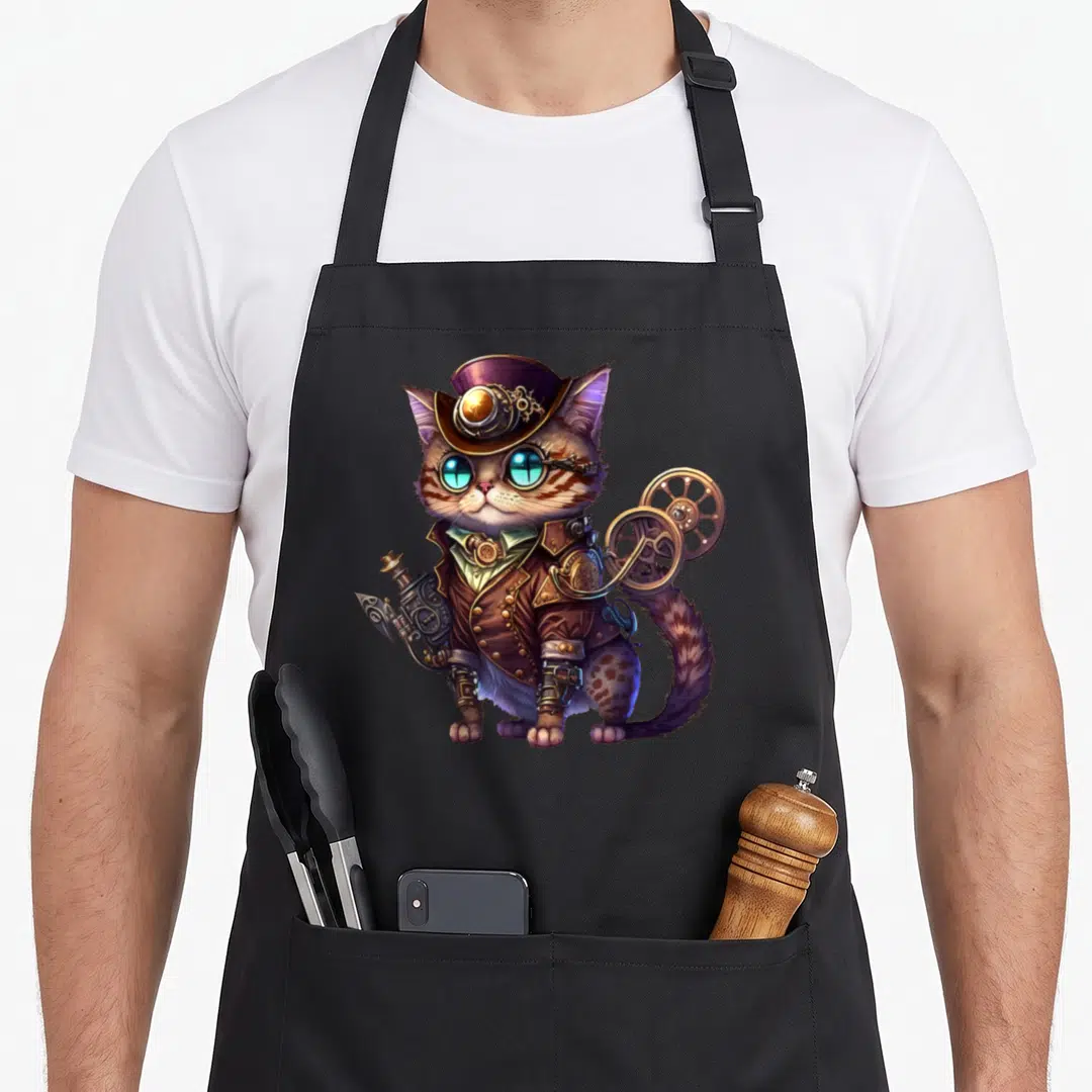 Fantasy cat apron - Steampunk cat wearing a purple hat, brown coat, and gold gears with teal eyes — shown on a black cotton canvas apron against a white background