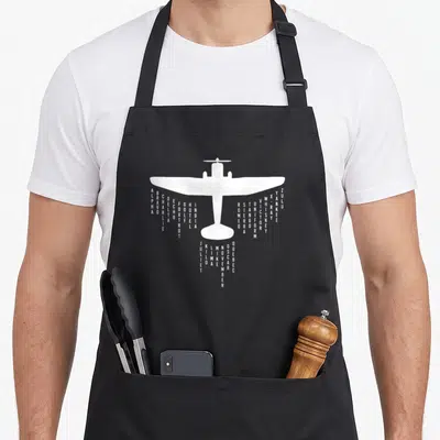 Alphabet pilot airplane apron - White airplane silhouette with vertical phonetic alphabet words hanging from wings — shown on a black cotton canvas apron against a white background