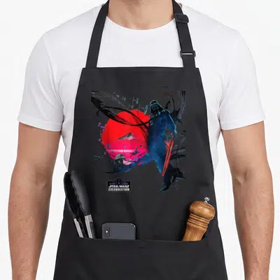 Celebration japan apron - Darth Vader red sun mountain TIE fighters AT-AT JAPAN 2025 STAR WARS CELEBRATION text box — shown on a black cotton canvas apron against a white background
