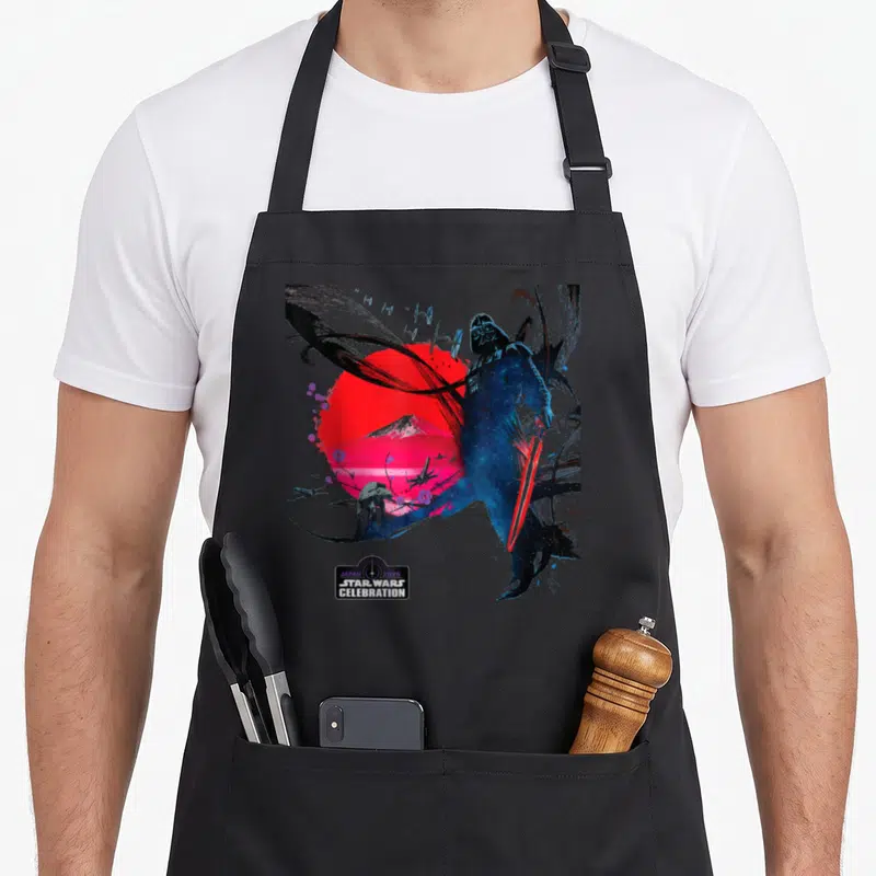 Celebration japan apron - Darth Vader red sun mountain TIE fighters AT-AT JAPAN 2025 STAR WARS CELEBRATION text box — shown on a black cotton canvas apron against a white background