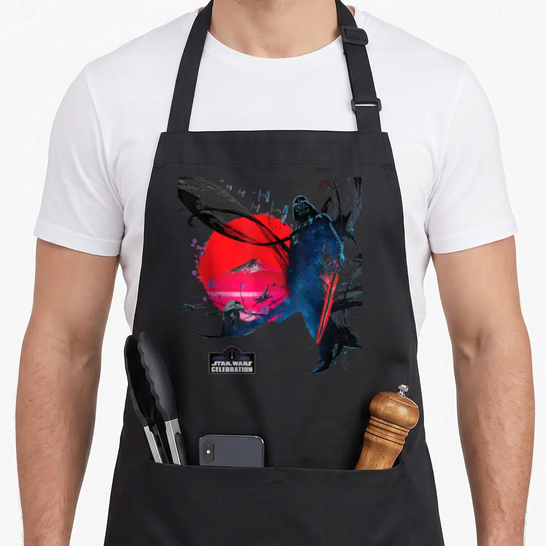 Celebration japan apron - Darth Vader red sun mountain TIE fighters AT-AT JAPAN 2025 STAR WARS CELEBRATION text box — shown on a black cotton canvas apron against a white background