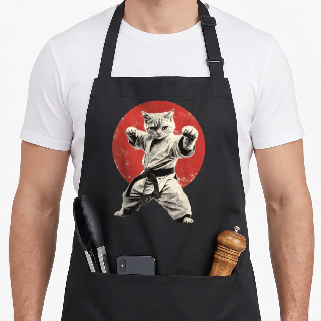 Karate japan apron - Realistic cat in karate stance with black belt against red circle — shown on a black cotton canvas apron against a white background