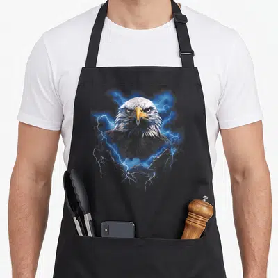 Lightning eagles apron - Realistic bald eagle head surrounded by blue lightning bolts and grey mountain peaks — shown on a black cotton canvas apron against a white background
