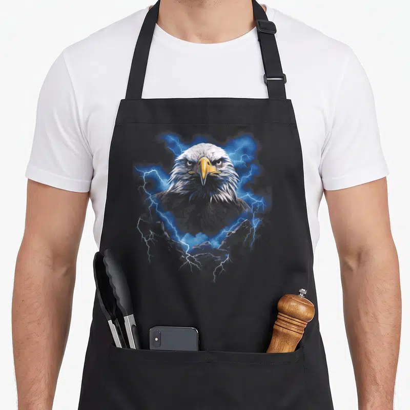 Lightning eagles apron - Realistic bald eagle head surrounded by blue lightning bolts and grey mountain peaks — shown on a black cotton canvas apron against a white background