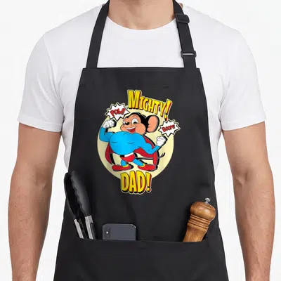 Mouse father day apron - Cartoon mouse superhero in blue suit red cape with MIGHTY DAD text and POW BOOM bubbles — shown on a black cotton canvas apron against a white background