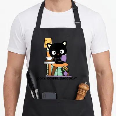 Chococat coffee apron - Black cat reading purple book with coffee cup, text COZY COFFEE CHOCOCAT — shown on a black cotton canvas apron against a white background