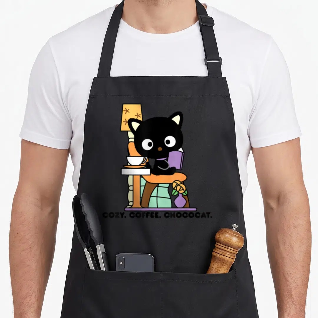 Chococat coffee apron - Black cat reading purple book with coffee cup, text COZY COFFEE CHOCOCAT — shown on a black cotton canvas apron against a white background