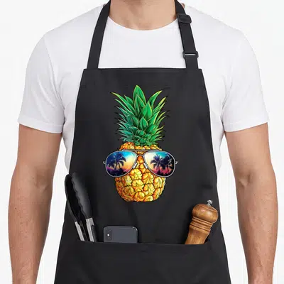 Aloha pineapple apron - Cartoon pineapple in aviator sunglasses reflecting a palm tree sunset in yellow, green, blue — shown on a black cotton canvas apron against a white background
