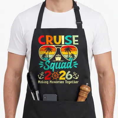 Summer family aprons - Retro sunglasses with ship and palms, CRUISE Squad 2026 text, anchors, and Making Memories — shown on a black cotton canvas apron against a white background