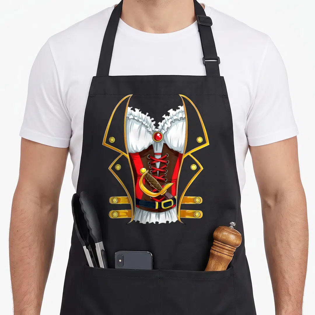 Jolly roger halloween apron - Cartoon pirate outfit with gold coat red corset and cutlass — shown on a black cotton canvas apron against a white background