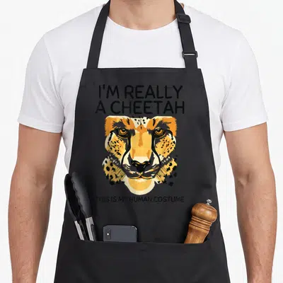 Human cheetah apron - Cartoon cheetah head with I'm Really a Cheetah text in orange, black, and yellow — shown on a black cotton canvas apron against a white background