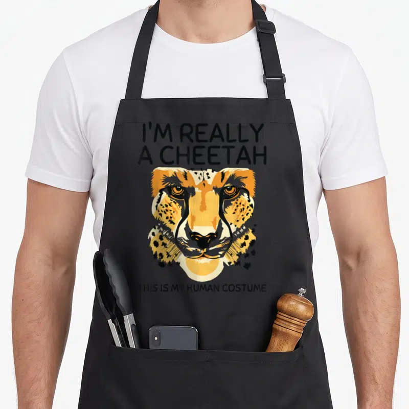 Human cheetah apron - Cartoon cheetah head with I'm Really a Cheetah text in orange, black, and yellow — shown on a black cotton canvas apron against a white background