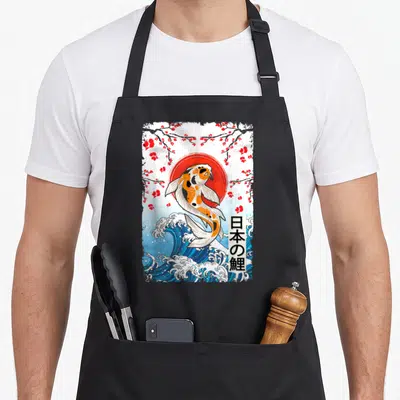 Wave cherry apron - Koi fish jumping over blue waves near red sun and cherry blossoms with Japanese text — shown on a black cotton canvas apron against a white background