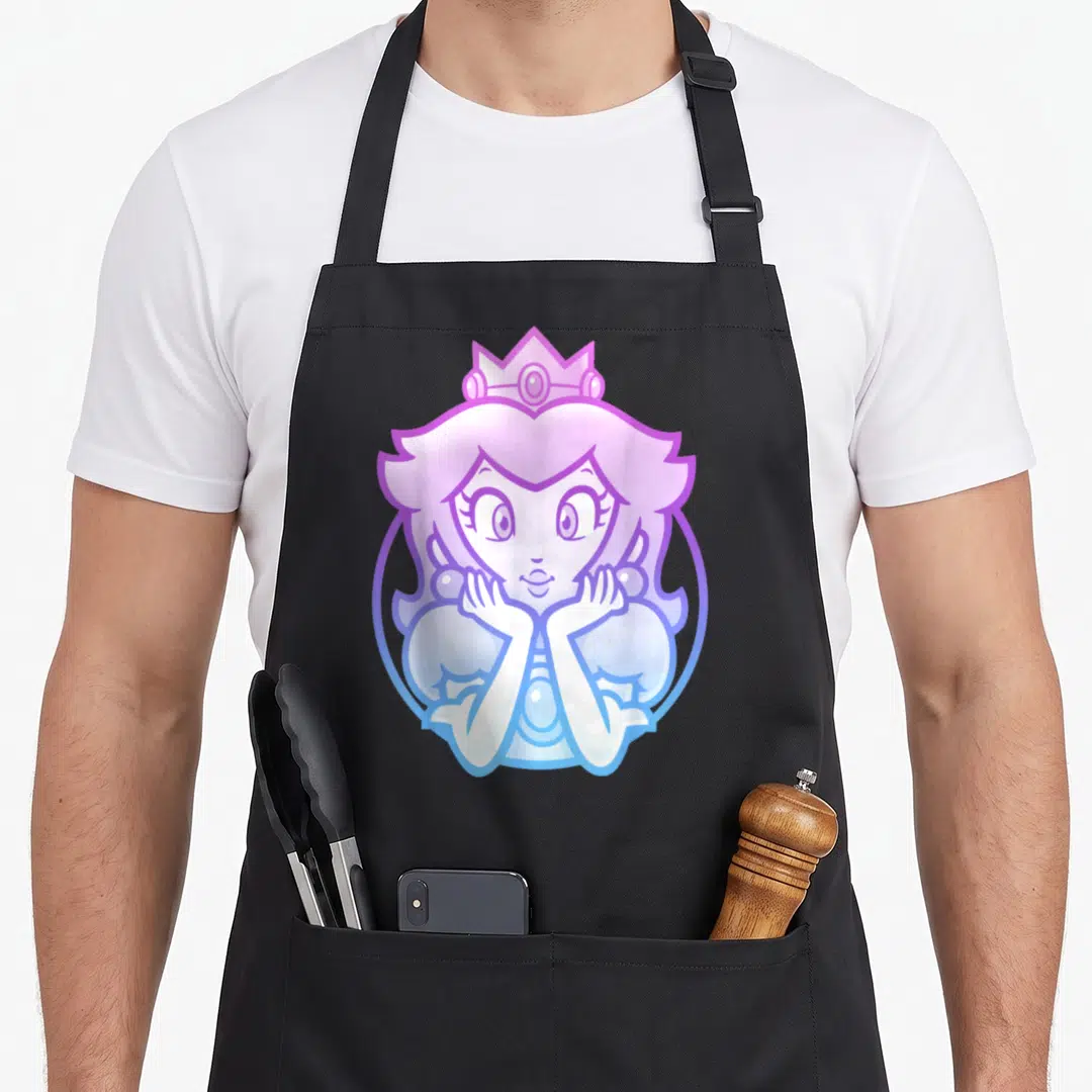 Gradient princess apron - Cartoon Princess Peach portrait in pink and blue gradient circle — shown on a black cotton canvas apron against a white background