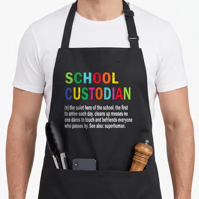 Definition janitor apron - Colorful text defining School Custodian as the quiet hero and superhuman of the school — shown on a black cotton canvas apron against a white background