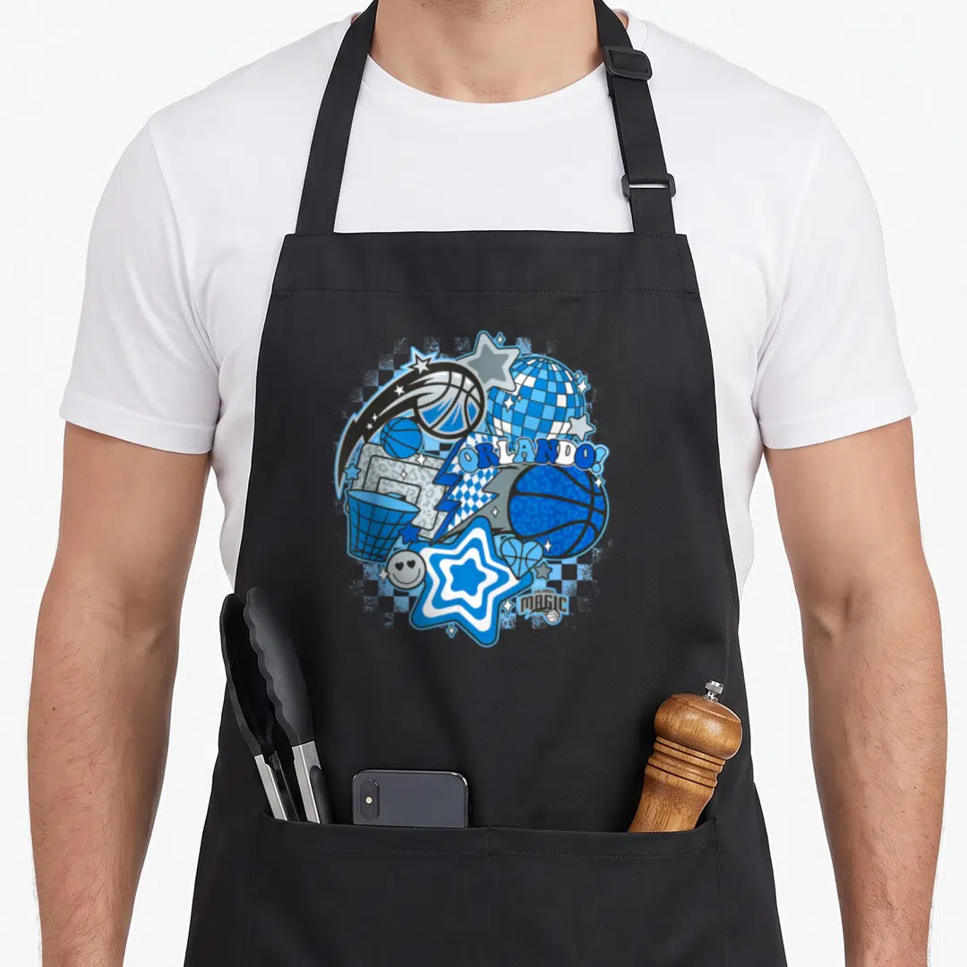Orlando magic apron - Circular cartoon basketball collage with ORLANDO! text and blue white grey stars and hoops — shown on a black cotton canvas apron against a white background