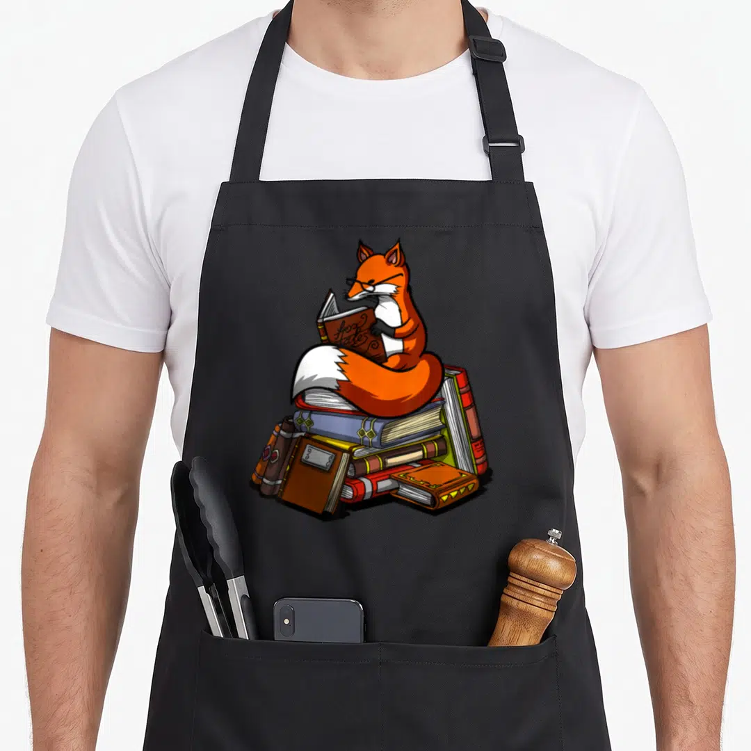 Book fox aprons - Cartoon fox with glasses reading Fox Tales book on stack of colorful volumes — shown on a black cotton canvas apron against a white background