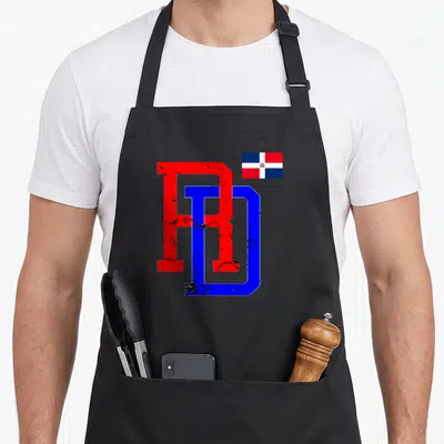 Republic pride apron - Red R and blue D letters overlapping with a small Dominican Republic flag in the corner — shown on a black cotton canvas apron against a white background