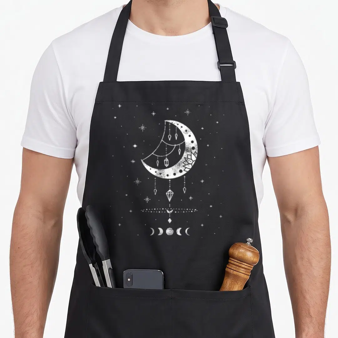 Moon magic apron - White line art of crescent moon with hanging crystals, lotus, and moon phases — shown on a black cotton canvas apron against a white background