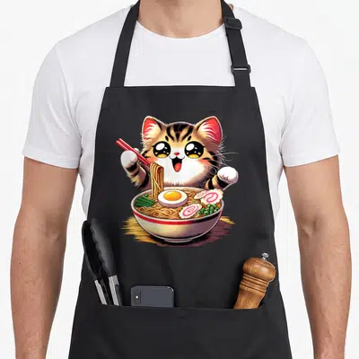 Anime kawaii cat apron - Cartoon cat holding red chopsticks lifting noodles from a ramen bowl with egg and green onions — shown on a black cotton canvas apron against a white background