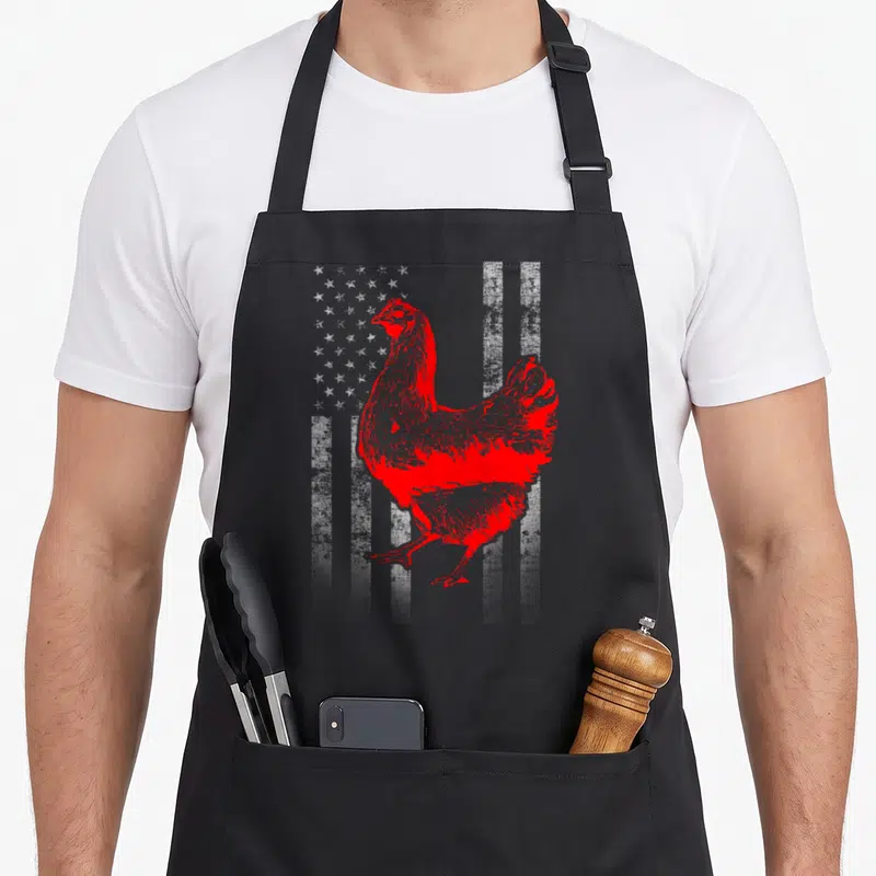 Chicken flag farmer apron - Red chicken illustration overlaid on a distressed white flag pattern with stars and stripes — shown on a black cotton canvas apron against a white background