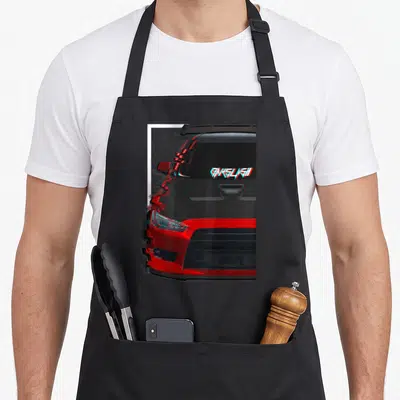 Evo x apron - Red and black glitch car front view with BACKSLASH text on hood — shown on a black cotton canvas apron against a white background