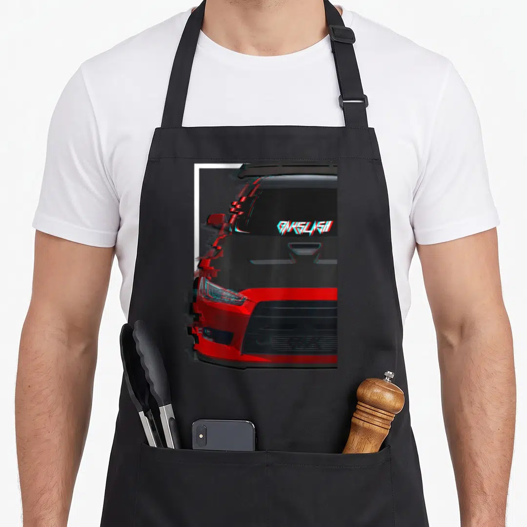 Evo x apron - Red and black glitch car front view with BACKSLASH text on hood — shown on a black cotton canvas apron against a white background