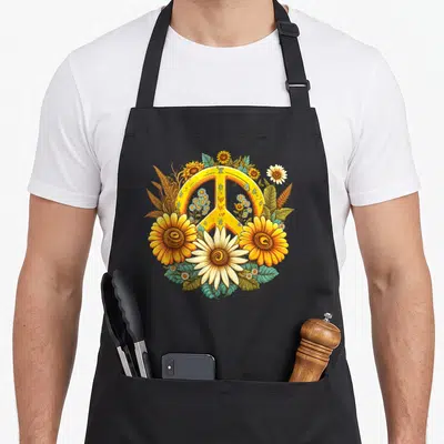 Hippie daisy apron - Yellow peace symbol surrounded by sunflowers daisies and leaves in watercolor style — shown on a black cotton canvas apron against a white background