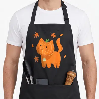 Jack cat apron - Cartoon orange pumpkin cat with green stem and falling autumn leaves — shown on a black cotton canvas apron against a white background